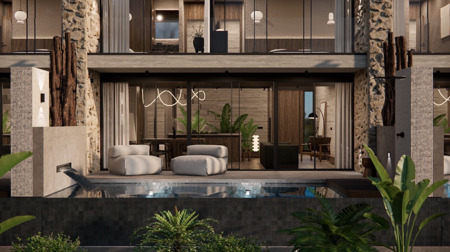Twilight terrace with a plunge pool and loungers, open glass doors revealing a warmly lit dining interior.