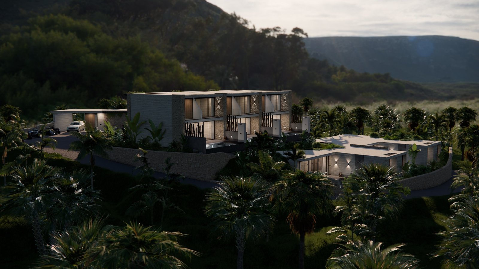 ALMARA villas at dusk — warm-lit facades among the palms, with the Lombok hills behind (render)